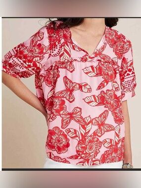 Anthropologie Vineet Bahl Pink Red Floral Butterfly Blouse Embroidered Boho S